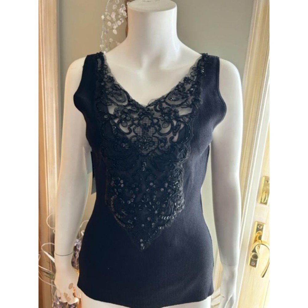 NWT Black Knit Tank Top with Lace, sequins, beads - L